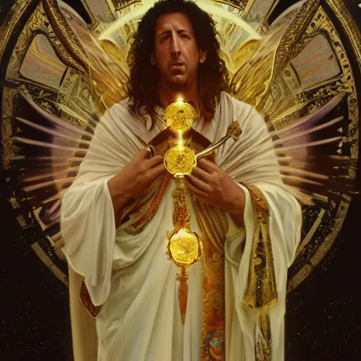 Prompt: Adam Sandler as the true Golden God, divine, angelic, intricate, highly detailed, digital painting, artstation, concept art, sharp focus, illustration, art by greg rutkowski and alphonse mucha