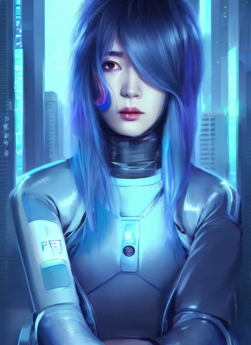 Image similar to portrait grey blue hair of futuristic police girl, black color uniform, at cyberpunk reflected tokyo night, ssci - fi and neon light, fantasy, intricate and beautiful, highly detailed, digital painting, artstation, concept art, smooth and sharp focus, illustration, art by tian zi and wlop and alphonse mucha