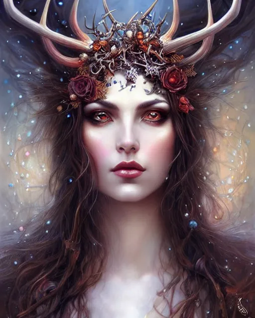 Image similar to a female sorceress with antlers by karol bak and vargas, beautiful detailed eyes, cute, fantasy, intricate, elegant, highly detailed, digital painting, 4 k, hdr, concept art, detailed jewelry, smooth, sharp focus, illustration, art by artgerm