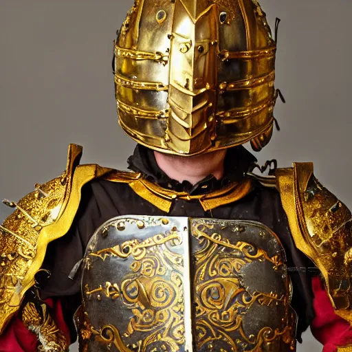 Prompt: man in decorated with gold medieval baroque style armor and helmet and golden cross on his chest 19 century art style