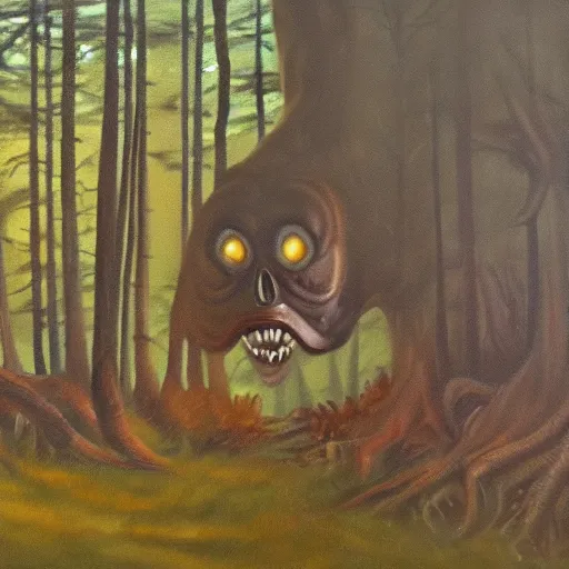 Prompt: an oil painting of a terrifying creature lurking in the depths of the forest