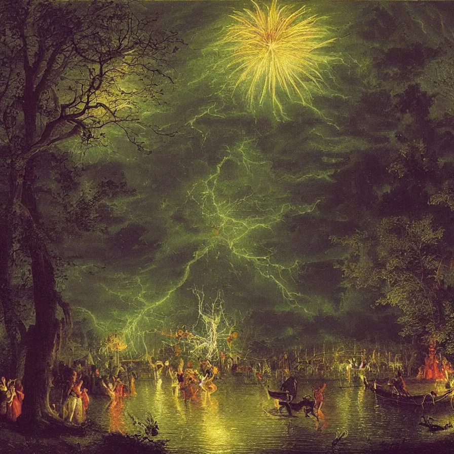 Prompt: a night carnival around a magical in a summer storm, tree cavity with a music scenario with many fireworks and christmas lights, next to a lake with iridiscent lake water, volumetric lightning, folklore people disguised with fantastic creatures in a magical forest by summer night, masterpiece painted by adam elsheimer, scene by dark night environment, refraction lights, five star stories