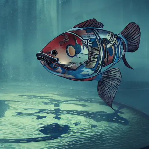 Image similar to robotic steampunk koi fish swimming in murky unfiltered pondwater, futuristic, pessimistic, artstation, ultra-detailed, 8k resolution, ultrarealistic