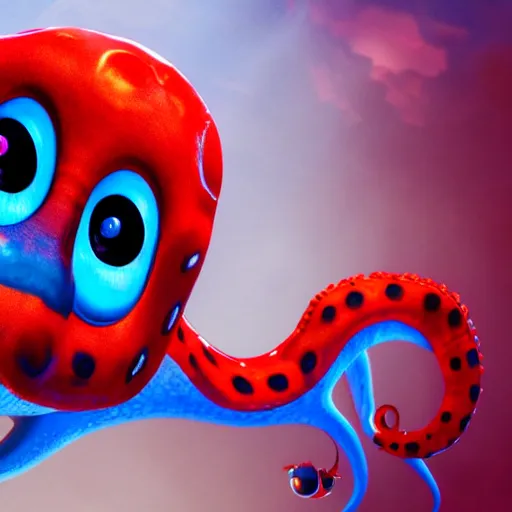 Image similar to portrait of red octopus, sly, cunning, blue background, pixar style animation 3d extremely gloomy lighting, atmospheric, cinematic, detailed illustration unreal Engine, 8K