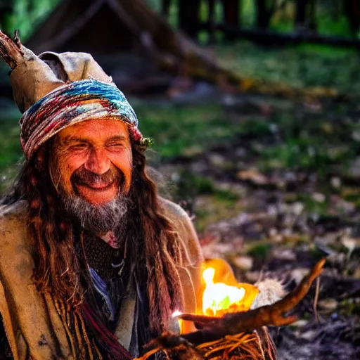 Image similar to hippie tribal hobo witch doctor wearing twigs and leaves smiling sheepishly, campfire, bong, water pipe, highly detailed, dramatic lighting, night time, cinematic, hyperrealistic, detailed, movie still from game of thrones