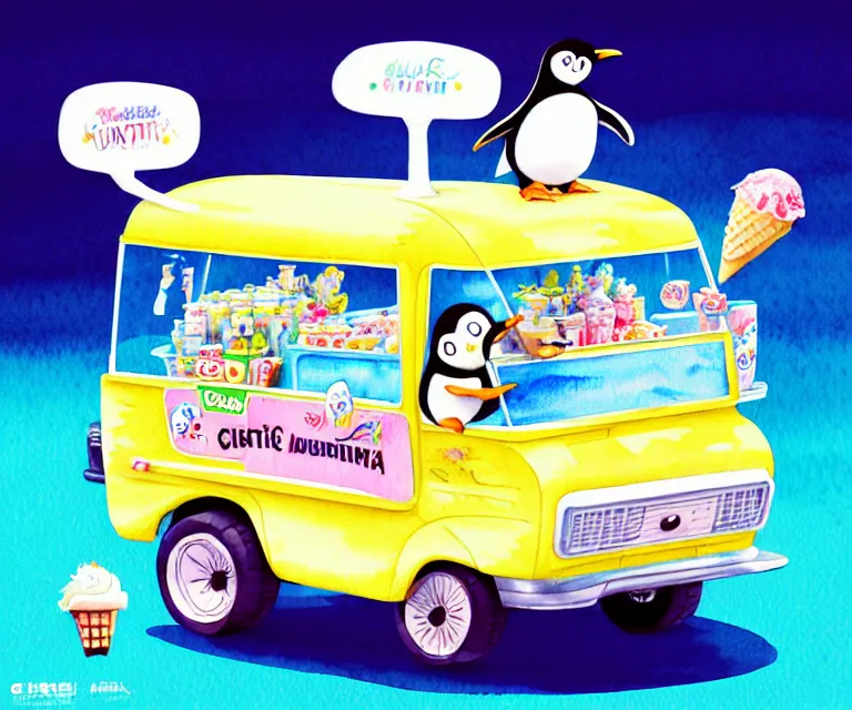 Prompt: cute and funny, penguin riding in a tiny ice cream truck, ratfink style by ed roth, centered award winning watercolor pen illustration, isometric illustration by chihiro iwasaki, edited by range murata, tiny details by artgerm and watercolor girl, symmetrically isometrically centered, sharply focused