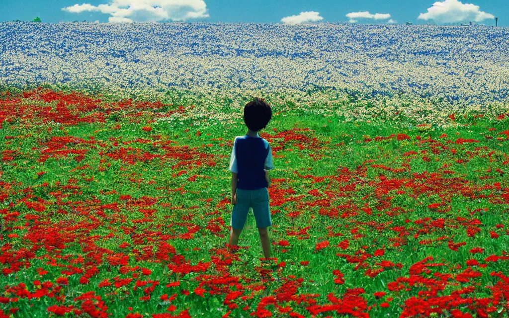 Image similar to a manchester united fan day dreaming on a field of flower, beautiful bright blue sky. 35mm film. makoto shinkai.