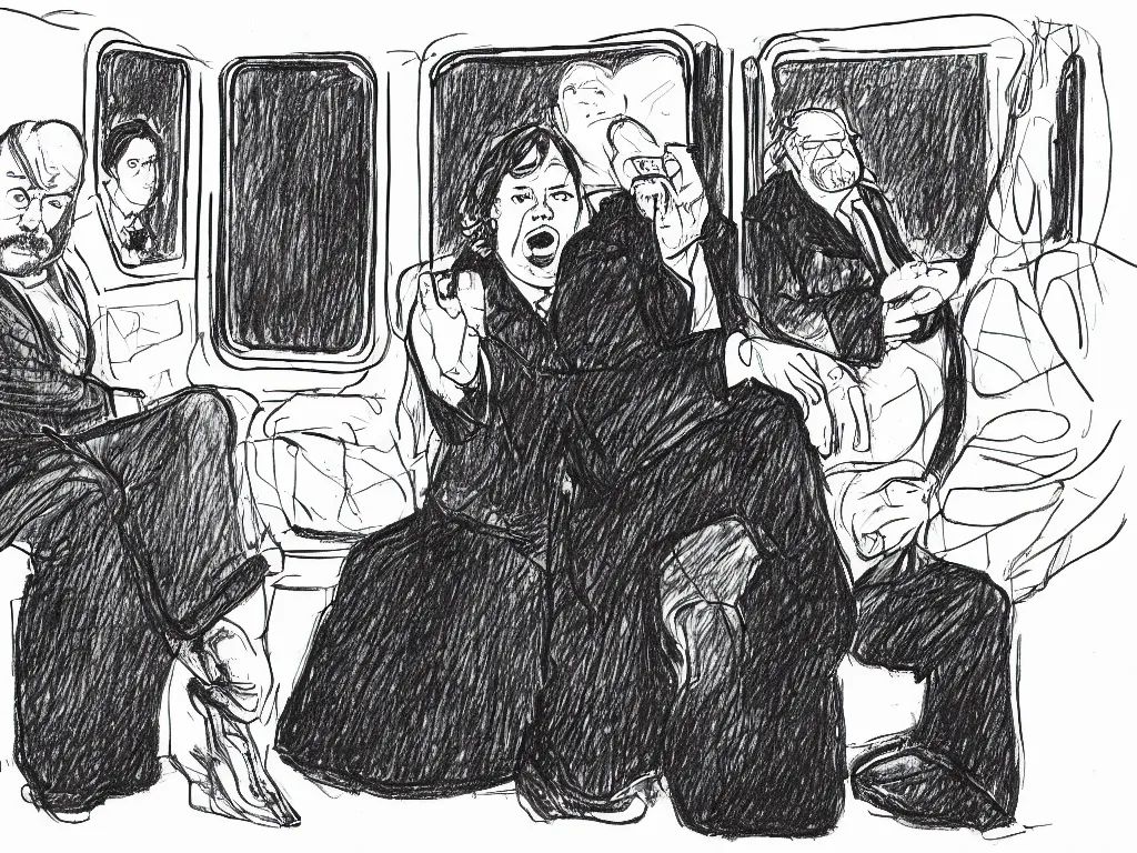 Prompt: a pen and ink drawing by Jaime Hernandez, a low angle medium shot of two people sitting in an empty Chicago subway train, in front of windows: a sad Aubrey Plaza wearing a winter coat and a man who looks like a mix of (Louis CK and Philip Seymour Hoffman) in a suit