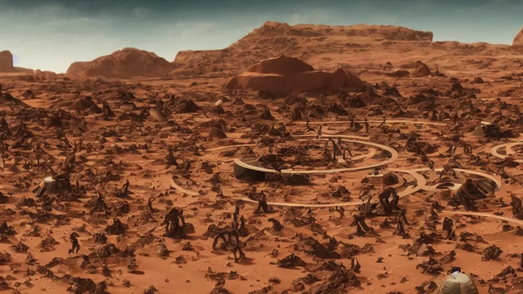 Image similar to terraforming mars boardgame played by God!!, film still from the movie directed by Denis Villeneuve with art direction by Salvador Dalí, wide lens