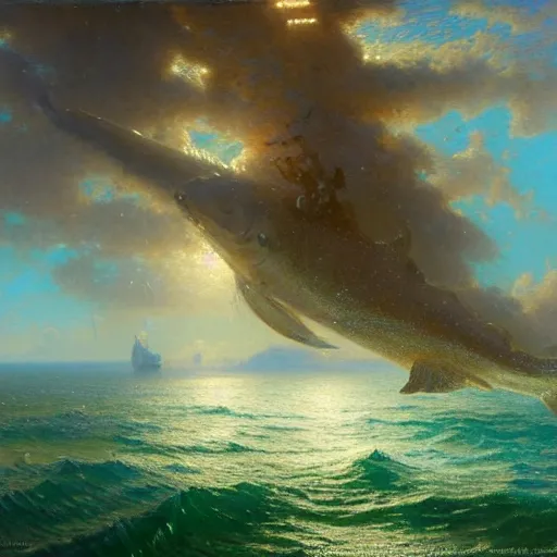 Image similar to point of view, you are deep in the ocean looking up, you see fishes, flora and fauna, higher you see the splendorous milk way illuminating the sea. highly detailed painting by gaston bussiere, greg rutkowski 8 k