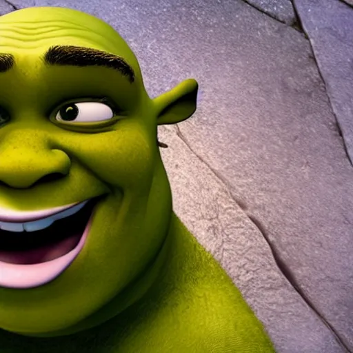 Image similar to shrek takes an accidental selfie,