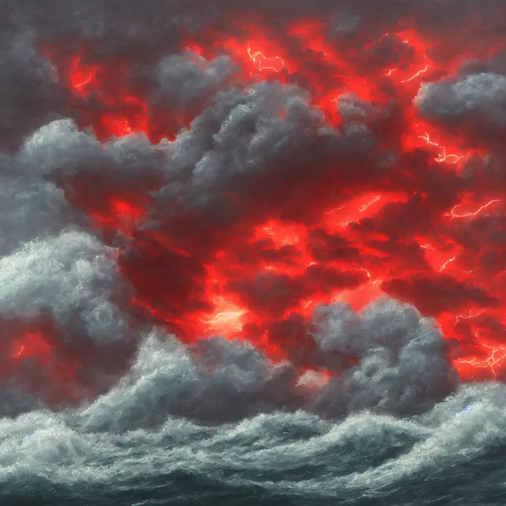 Image similar to a fantasy landscape. subject : giant red kraken, stormy sea, giant waves, lightning in the background, small boat, oil painting, 4 k