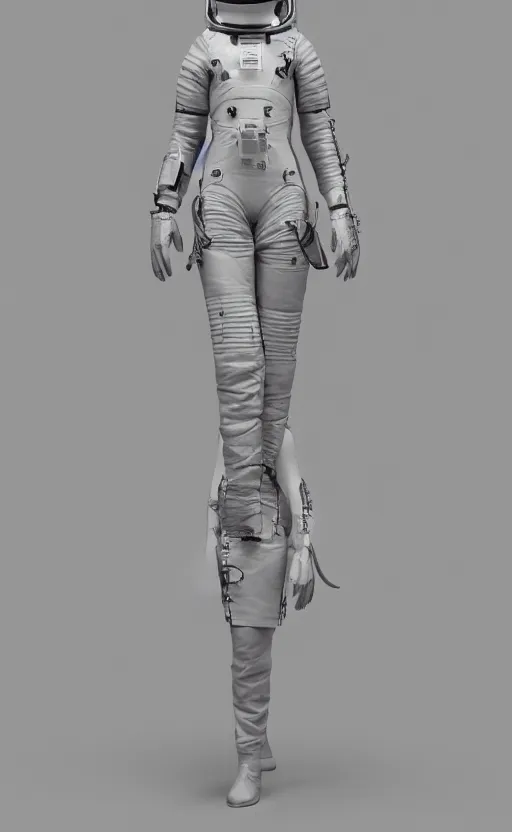 Image similar to hybrid fashion model astronaut wearing a dress designed by alexander mcqueen, catwalk, soft ambient lighting, photorealism, unreal engine