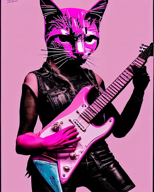 Prompt: a portrait of an anthropomorphic cyberpunk pink cat shredding an electric guitar by sandra chevrier, by jon foster, detailed render, epic composition, cybernetics, 4 k realistic, fender stratocaster, cryengine, realistic shaded lighting, sharp focus, masterpiece, by enki bilal