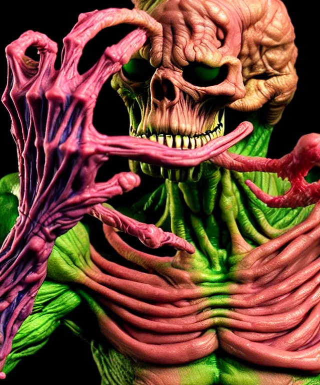 Image similar to hyperrealistic rendering, cronenberg flesh monster skeletor by art of skinner and richard corben and jeff easley, product photography, action figure, sofubi, studio lighting, colored gels