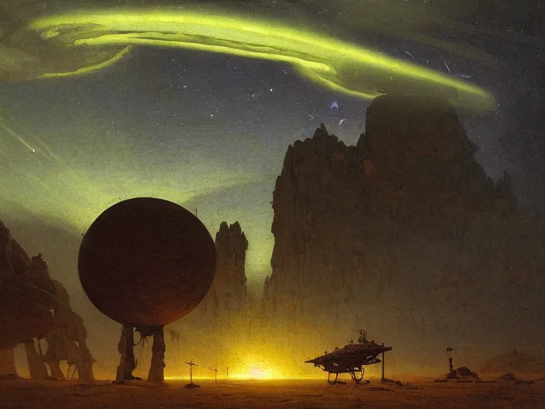 Prompt: an oil painting of an ancient spacecraft in the middle of an alien desert at dusk, aurora and stars light up the sky by beksinski carl spitzweg and tuomas korpi. baroque elements, full-length view. baroque element. intricate artwork by caravaggio. Trending on artstation. 8k