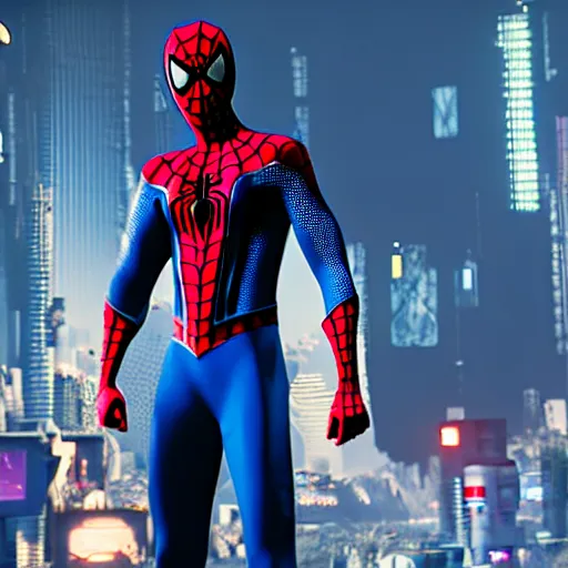 Image similar to futuristic arabic version of spiderman ps 4 suit in cyberpunk 2 0 7 7, cyberpunk style spiderman, fantasy, d & d, elegant