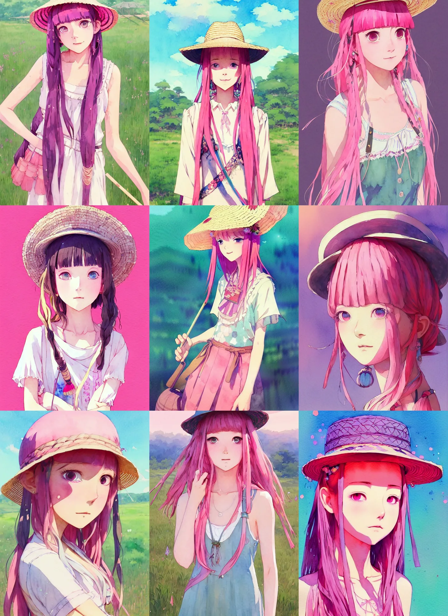 Prompt: portrait of a cute girl with pink hair with straw hat dress in boho style camping, symmetry face, top lighting, cute - fine - face, ( watercolor ), fan bingbing, art by hidari and krenz cushart and wenjun lin and starember and kuvshinov ilya and kidmo and conrad roset and and makoto shinkai