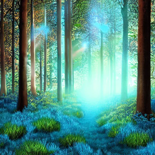 Image similar to digital painting mystical forest with teal ambient lighting and sunbeams, glowing blue flowers, hyper realistic, cinematic lighting