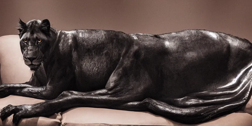 Image similar to a black lioness, made of ferrofluid, laying on the couch in the living room, covered with ferrofluid. photography, dslr, realism, color, rimlight, wrinkles, reflections, animal photography, black goo