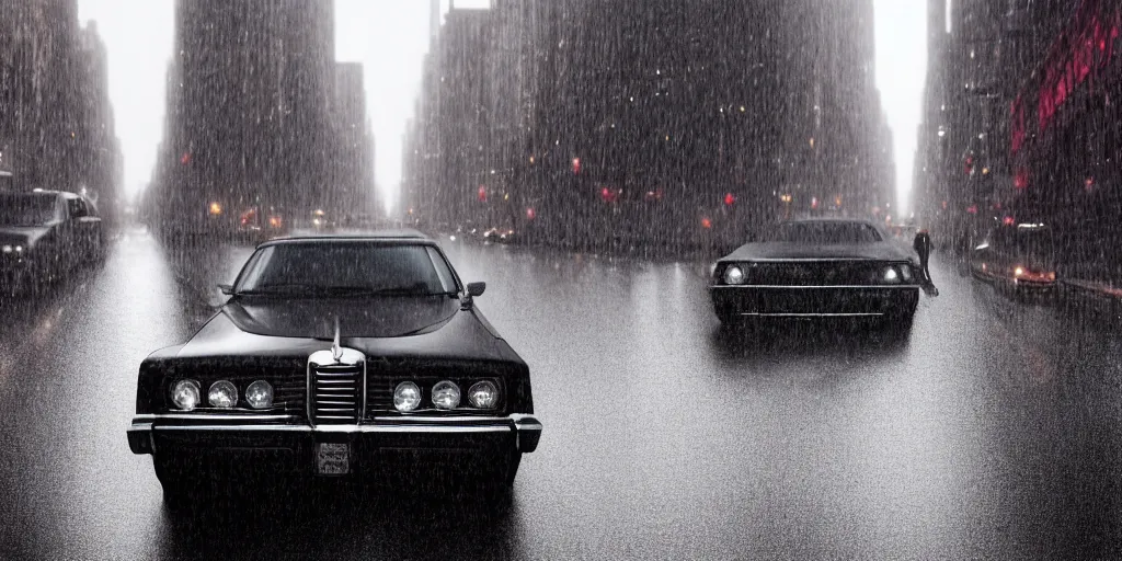 Image similar to A mysterious figure sitting in a black 1970's Chrysler Le Baron with the headlights on, parked on the side of the road in the city of New York while it is raining, by George Tooker, dark and dim, moody, sinister, lighting, 8k render, hyperrealistic