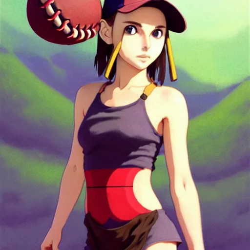 Image similar to beautiful boyish natalie portman gravure model in majora's mask, wearing wooden mask and baseball cap and leotard, street wear with subtle mayan patterns, aztec bathing suit, gapmoe yandere grimdark, trending on pixiv fanbox, painted by greg rutkowski makoto shinkai takashi takeuchi studio ghibli, akihiko yoshida