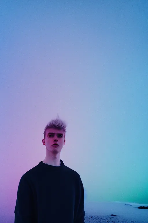 Image similar to high quality pastel coloured film mid angle selfie photograph of a young beautiful man standing in an icelandic black rock environment. atmospheric. three point light. photographic. art directed. ( pastel colours ). volumetric light. stark. waves glitch. 8 k. filmic.