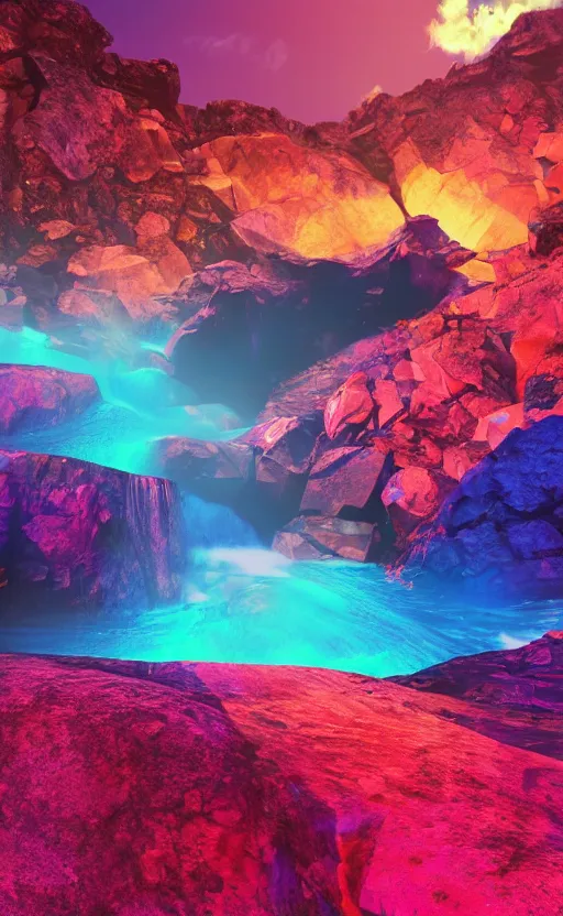 Prompt: looking up to a large rock mountain with a water fall flowing down from the top, the sun is behind it, neon colors, blue, pink, 8 k, concept art, ultra detailed, photo, award winning