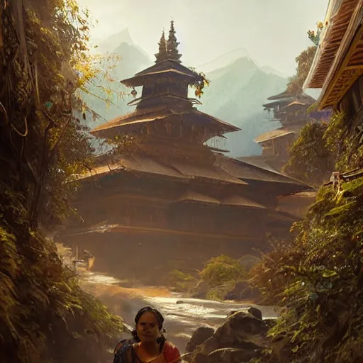 Prompt: painting nepal in year 2 0 7 7, ultra realistic, concept art, intricate details, eerie, highly detailed, photorealistic, octane render, 8 k, unreal engine. art by artgerm and greg rutkowski and alphonse mucha