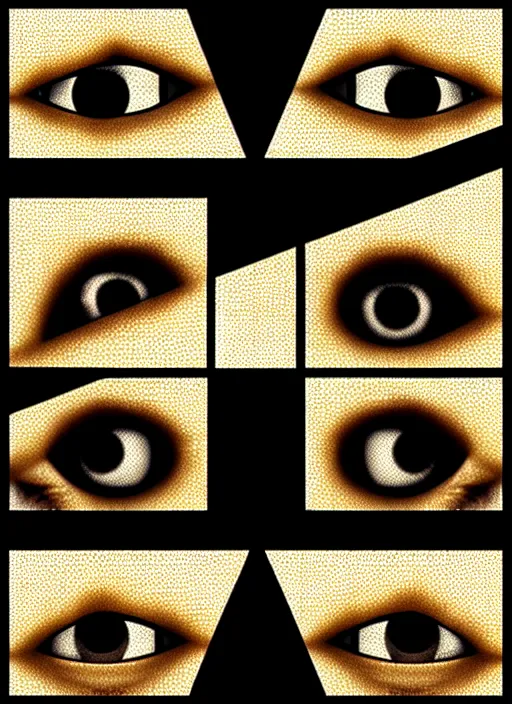 Image similar to grid montage of cube shaped eyes cubes, square shaped black dilated pupils cubes, cube shaped irises, detailed colored textures, lashes, advanced art, art styles mix, wet reflections in square eyes, sunshine light, hd macro photograph, from side, various cune eyelid positions, small square black centered