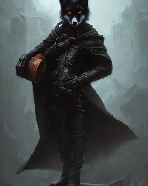 Image similar to oil painting of Anthropomorphized dark Fox thief, wearing dark cloak, holding bag, mischievous look, sharp focus, fantasy style, octane render, volumetric lighting, 8k high definition, by greg rutkowski, highly detailed, trending on art Station, magic the gathering artwork, dark steampunk city backround, centered