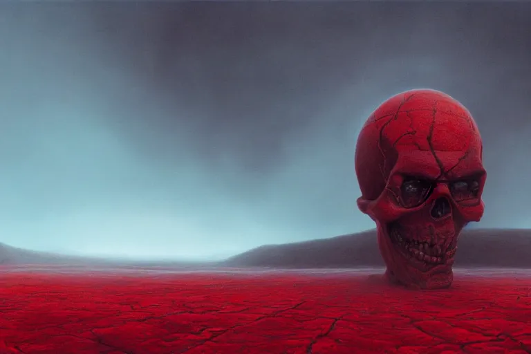 Image similar to a hovering red skull, surreal frozen landscape, 8 k, cinematic lighting, by beeple and zdzisław beksinski