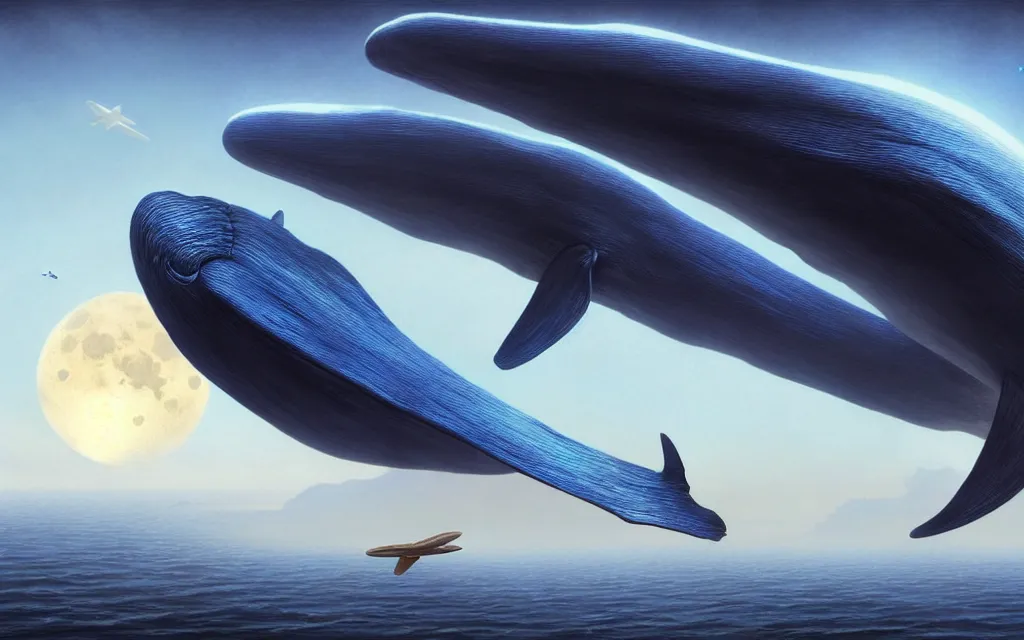 Prompt: realistic render portrait of flying blue whales towards the moon, intricate, toy, sci - fi, extremely detailed, digital painting, sculpted in zbrush, artstation, concept art, smooth, sharp focus, illustration, chiaroscuro lighting, golden ratio, incredible art by artgerm and greg rutkowski and alphonse mucha and simon stalenhag