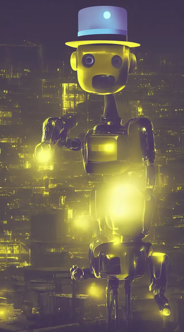 Prompt: tiny capitalist robot in the dark wearing a top hat, hrd, hyperrealistic, hyper detailed, tiny, lights, yellow, purple, blue, top hat, moustache, dusk, industrial background, factories, sky, hd, hdr, render, tall hat