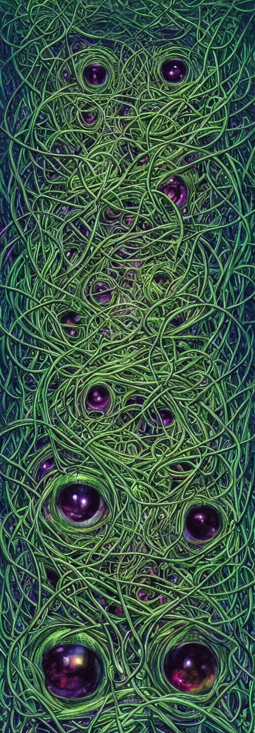 Image similar to many large beautiful eyeballs inside of extremely thick iridescent vines intertwined, central composition, high saturation, epic lighting, in the style of Peter gric and Amanda Sage 8k