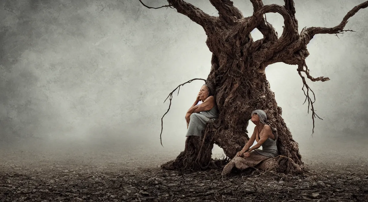 Prompt: 65-year-old tree-woman crying one single tear, facing the camera and sitting on a dried up river in a desolate land, blue sky, hot and sunny, highly-detailed, elegant, dramatic lighting, artstation, 4k, cinematic landscape, color photograph