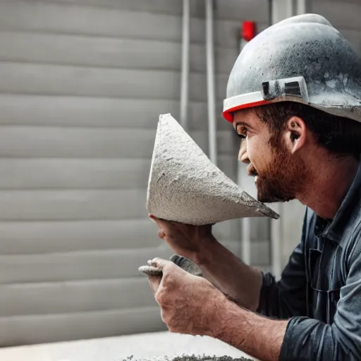 Image similar to realistic cement truck driver eating a bowl of wet cement, magazine photo