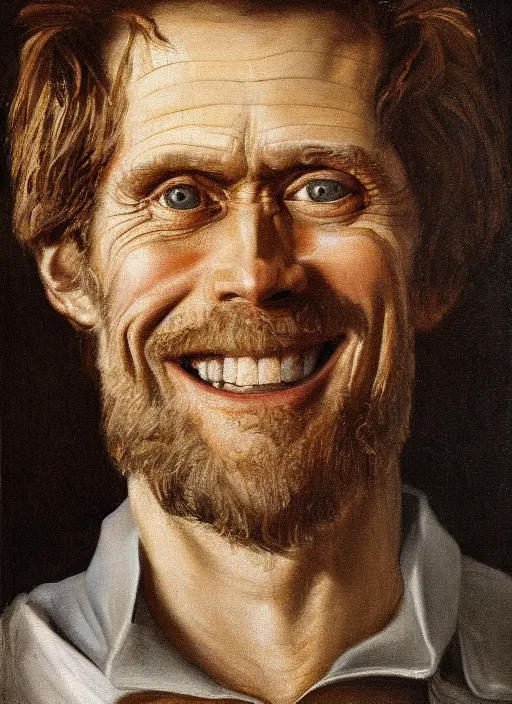 Image similar to portrait painting of willem dafoe with stubble smiling warmly, renaissance oil painting, studious chiaroscuro