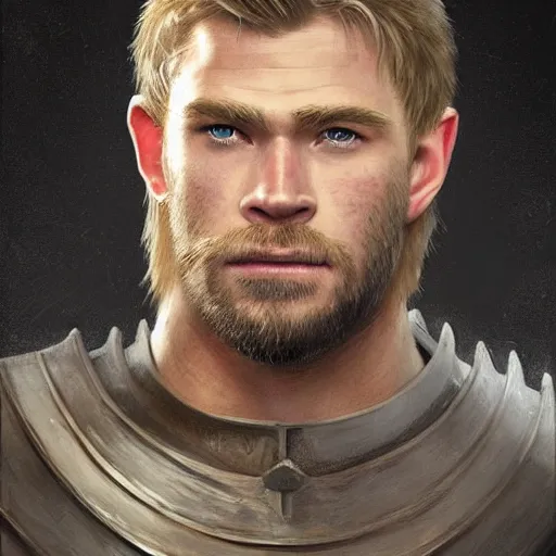 Prompt: a portrait of a medieval knight with a short beard and short blonde hair drawn in the style of greg rutkowski, face of chris hemsworth, trending on artstation, realistic, detailed