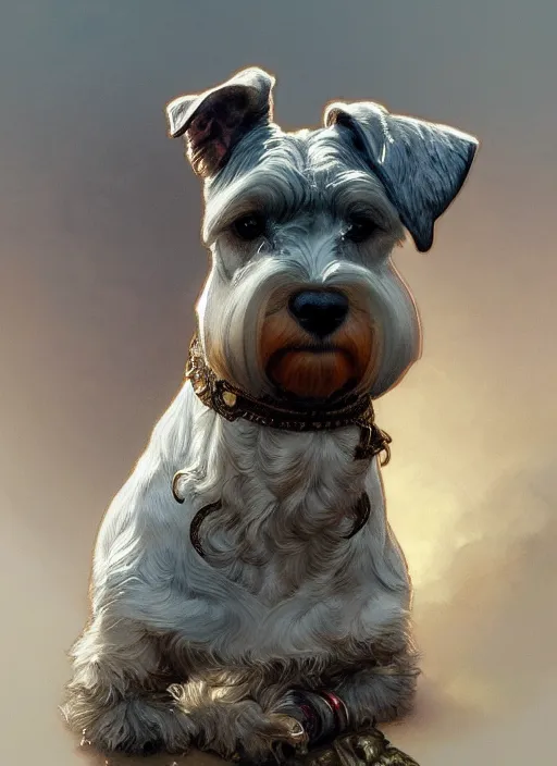 Prompt: portrait of stoic looking miniature schnauzer, fantasy, intricate, elegant, highly detailed, digital painting, artstation, concept art, smooth, sharp focus, illustration, art by artgerm and greg rutkowski and alphonse mucha