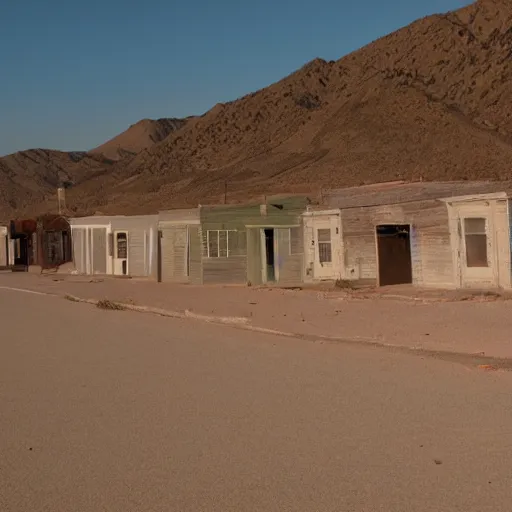 Prompt: a still of a deserted ghost town. Magic hour.