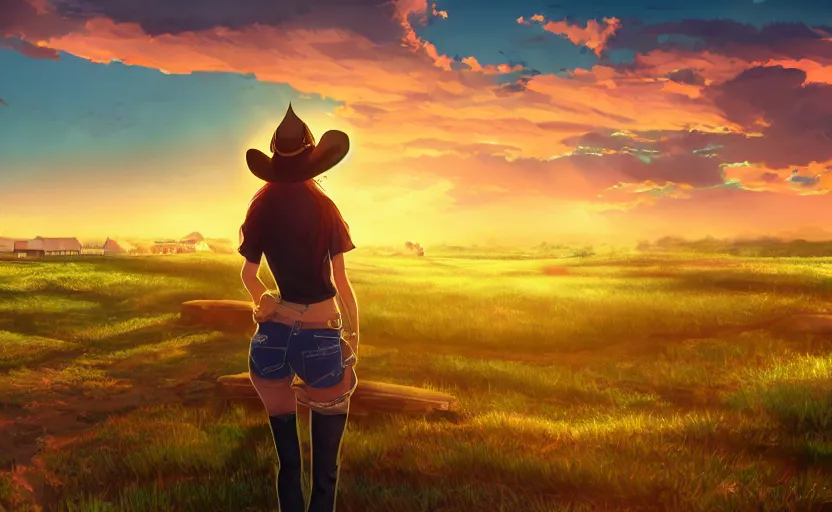 Image similar to a cowgirl watching the sunset peacefully over her farm, anime concept art, anime scenery, anime still, 4k