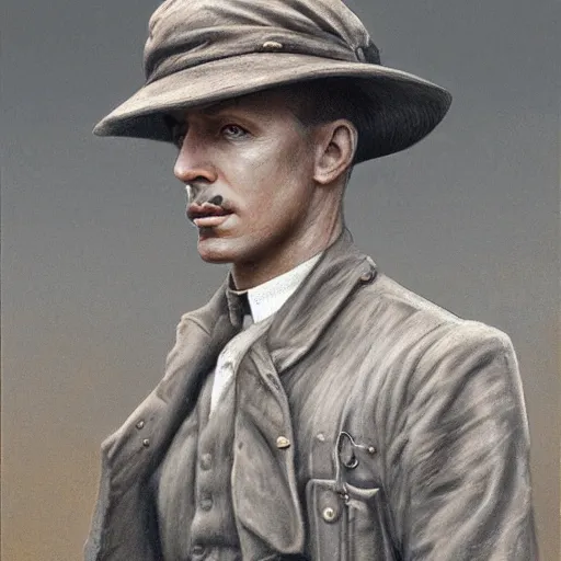 Image similar to a detailed photorealistic sepia - toned color portrait painting of a 1 9 1 7 worried clean - shaven british lieutenant in detailed field gear wearing a finely - detailed pith helmet in wadi rum, ultra realistic, intricate details, lovecraft, atmospheric, dark, horror, brooding, highly detailed, by clyde caldwell