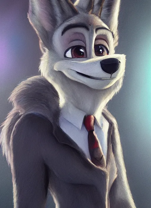 Image similar to oil painting detailed full body of anthromorphic female wolf, in style of zootopia, zootopia, zootopia, fursona, furry, furaffinity, 4 k, deviantart, furry art, fursona art, wearing black business suit, business suit, in style of zootopia, wolf fursona, cyberpunk, female, expressive, detailed feminine face,