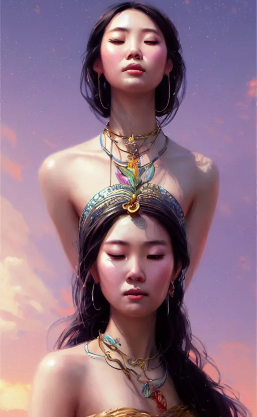 Image similar to a beautiful taiwan goddess with sundress with jewelry | | winter, realistic shaded, unpleasant face, good looking, fine details, realistic shaded lighting poster by greg rutkowski, magali villeneuve, artgerm, jeremy lipkin and michael garmash and macoto takahashi