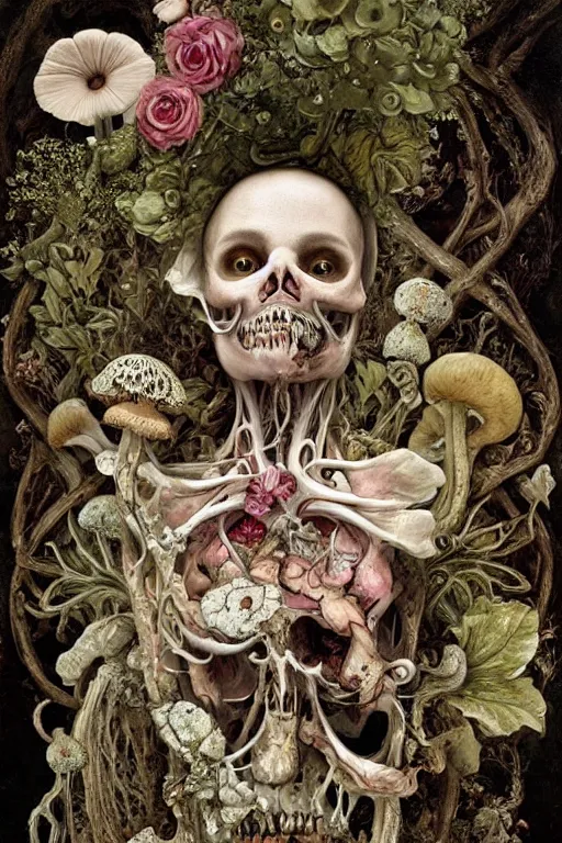 Image similar to a beautiful detailed rococo of a rotten woman corpse becoming almost a skull with face muscles, veins, arteries, fractal plants and fractal flowers and mushrooms growing around, intricate, ornate, surreal, ray caesar, john constable, guy denning, dan hillier