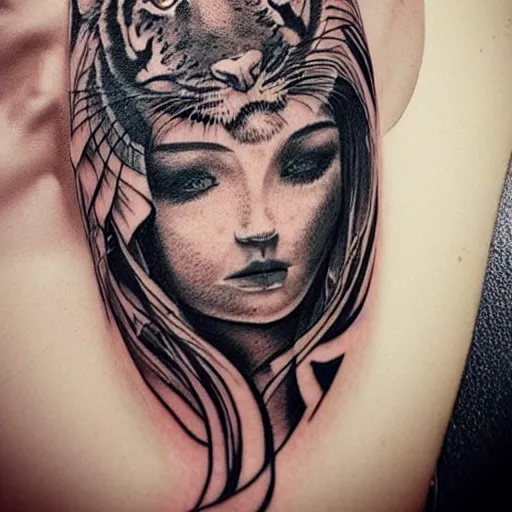 Image similar to tattoo design of a beautiful girl face, above the girls head there is a tiger head, hyper detailed, in the design of eliot kohek