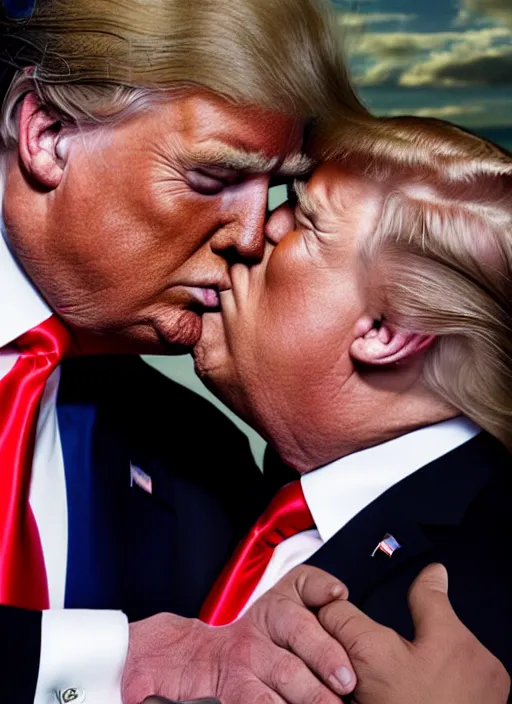 Prompt: beautiful high quality photo of donald trump kissing donald trump. hq. donald trump and donald trump kissing on the lips. two donald trumps kissing each other. donald trump kissing donald trump.