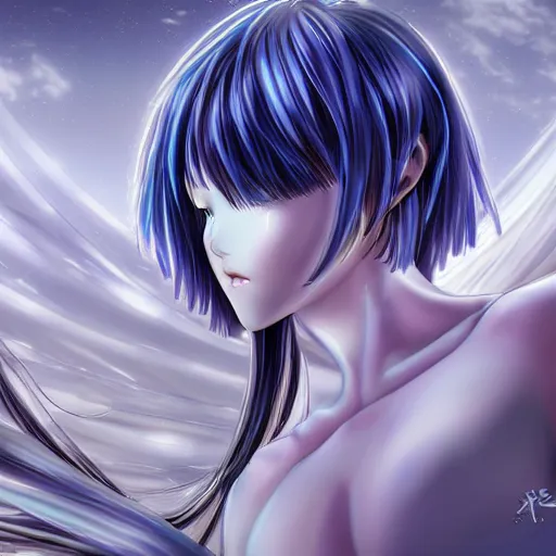 Image similar to Rei Ayanami female anime character, technological big shiny silver liquid chrome rings, inside an otherworldly planet, closed eyes, long silky thick gorgeous clean hair flowing on the wind, female goddess born from the cosmics, alternate universe, shot from the ground by Yoshiyuki Sadamoto, otherworldly experimental environment concept, digital art, trending on artstation, low level, 4K UHD image, octane render, Howl's Moving Castle, tranquil divine observer Nymph by ismail inceoglu nicola samori dragan bibin hans thoma greg rutkowski Alexandros Pyromallis Nekro, Jeffrey Smith, Surrealism, Rene Margitte illustrated, official anime key media, 8k, Sharp, zdzisław beksiński, highly detailed