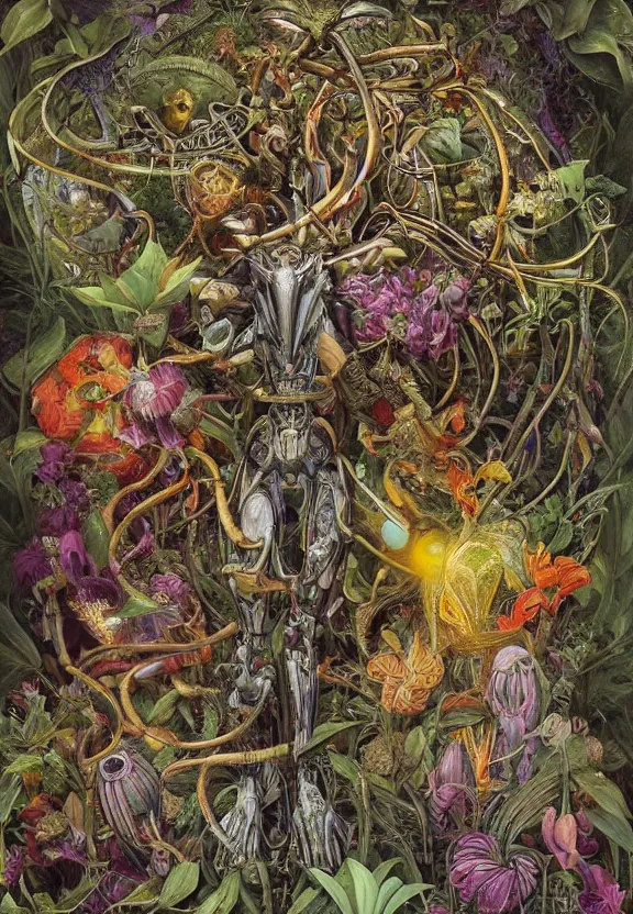 Image similar to simplicity, simple, elegant, colorful muscular robot, botany, orchids, radiating, mandala, psychedelic, garden environment, dappled sun, wolf skulls, by h. r. giger and esao andrews and maria sibylla merian eugene delacroix, gustave dore, thomas moran, pop art, biomechanical xenomorph, art nouveau